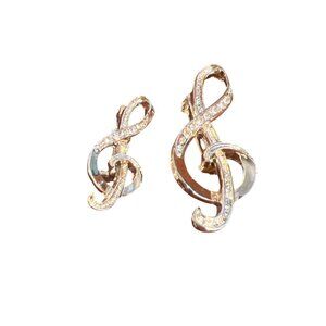 Set of 2 Vintage Treble Clef Scatter Pins Gold Tone Clear Rhinestones Estate